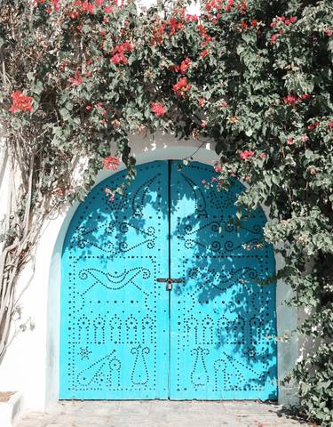 A decorative blue door with ornate patterns surrounded by flowering vines.