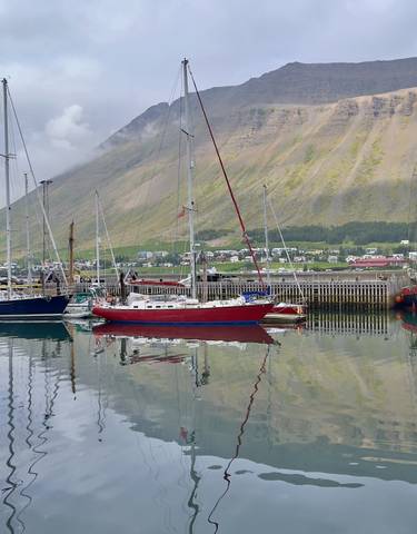 Docked sailboats reflecting in calm harbor waters.
