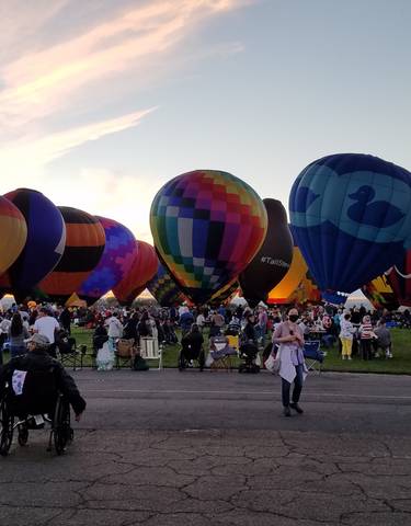 Colorful hot air balloons in a field with a crowd.