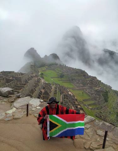 View of Machu Picchu shrouded in mist.