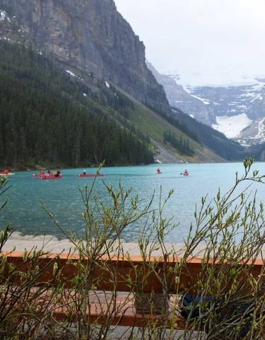 Canoes on a turquoise lake with mountains in the background.