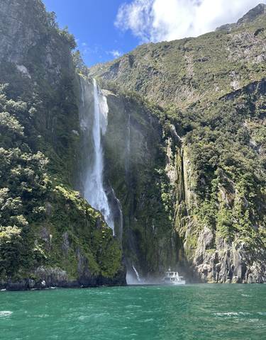 Waterfall flowing down a cliff in a lush area.