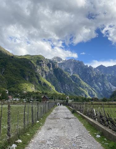 Mountain valley view with a path leading towards the mountains and houses along the way.
