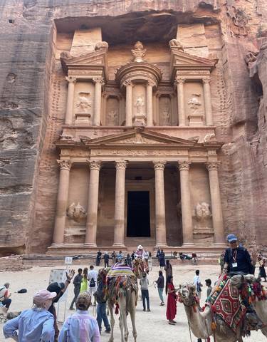 The rock-carved facade of the Treasury at Petra.