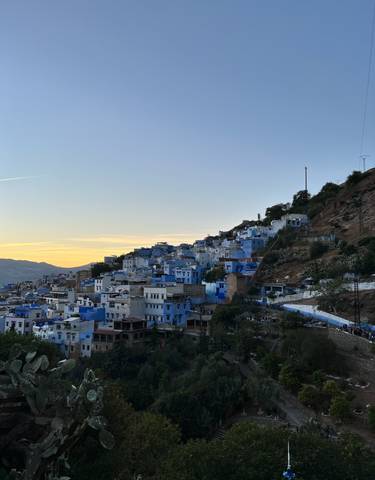 Cluster of blue-painted buildings on a hillside at dusk.