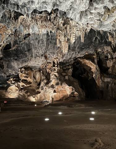 Cave interior with stalactites.