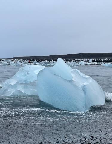Large icebergs floating in the sea.