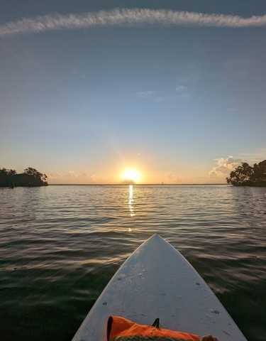 A serene sunset view over the water with trees on the sides.