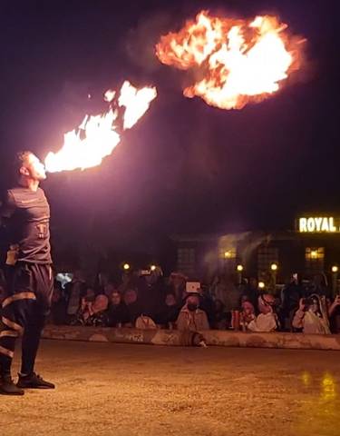 Fire performance at night with audience in the background.