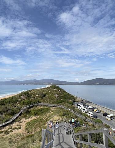 Panoramic view from a lookout showing both ocean and bay.