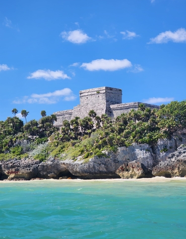 Mayan ruins on a rocky hillside with palm trees.