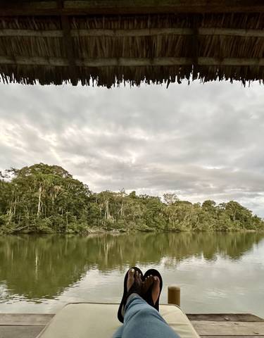 Relaxing riverside view with a canopy and lush forest in the background.