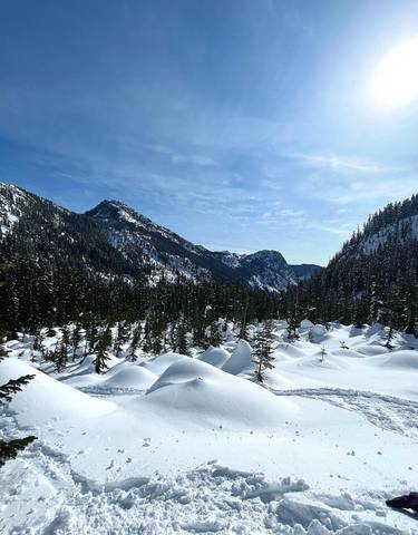 Snowy mountain landscape with a clear blue sky.