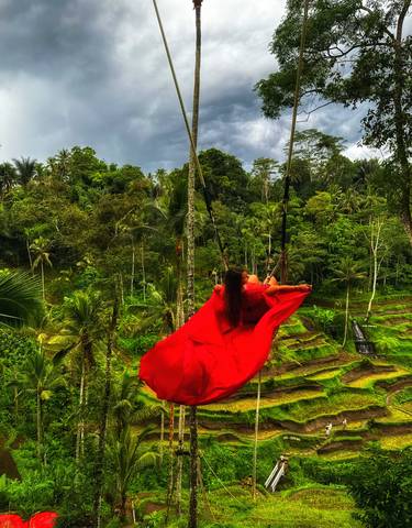 Woman in a red dress swinging over lush greenery.