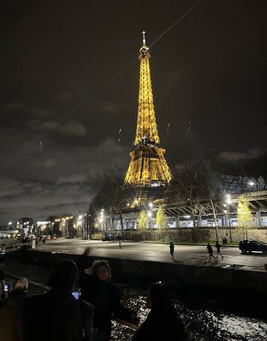 Eiffel Tower illuminated at night with surrounding cityscape.