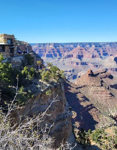 Scenic view of the Grand Canyon with a visitor center.