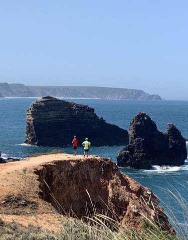 Two people standing on a cliff with rocky formations and ocean view.