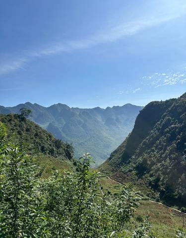 Mountainous landscape with clear blue sky and lush greenery.