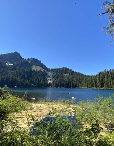 Beautiful mountain lake surrounded by forested mountains under a clear blue sky.
