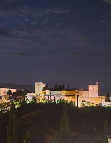 View of illuminated Alhambra palace at night in Granada.