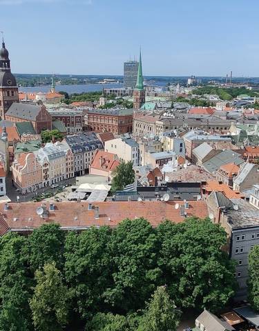 Aerial view of Riga with its distinct architecture and river.