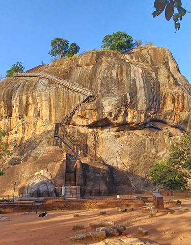 Sigiriya Rock Fortress with a staircase and trees under the clear sky.