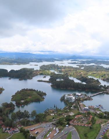 Aerial view of a landscape with lakes and small islands.