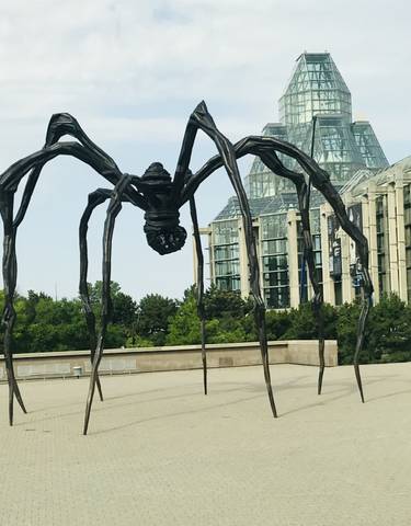 Large spider sculpture outside a modern building.