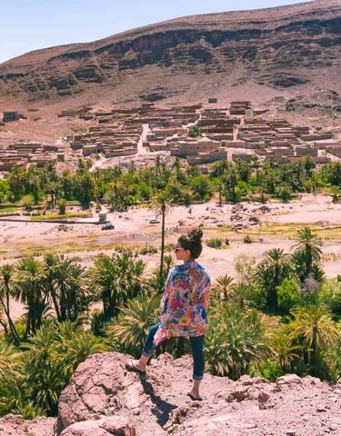 Person standing on a hill overlooking a desert village with palm trees.