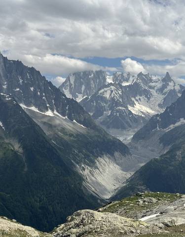 Stunning snowy mountain range with deep valleys.