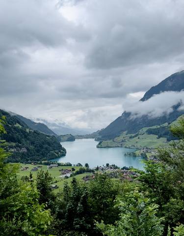 A serene lake view with mountains in the background.