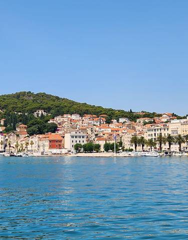A panoramic view of a coastal city with a hill in the background.