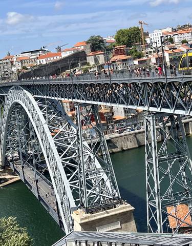Large iron bridge over a river with city buildings in the background.