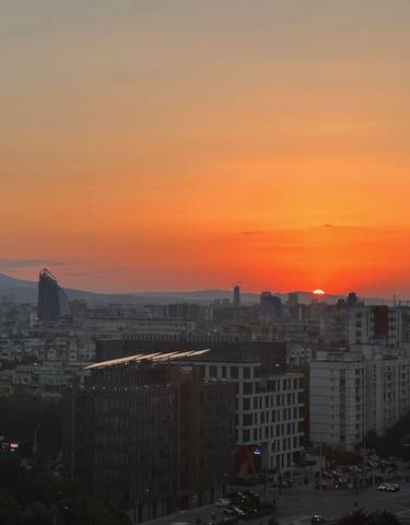 City skyline at sunset.