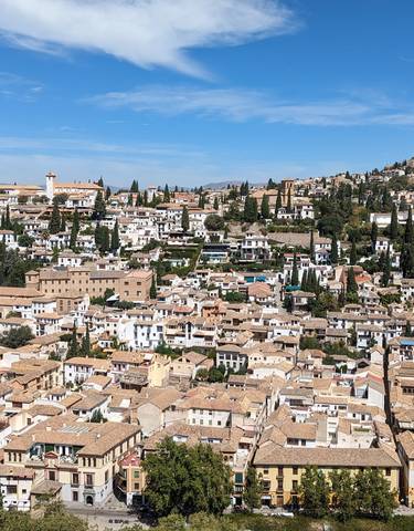 Panoramic view of a city with traditional architecture and hills.