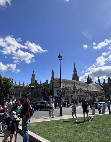 View of iconic Big Ben and Westminster Abbey in London.