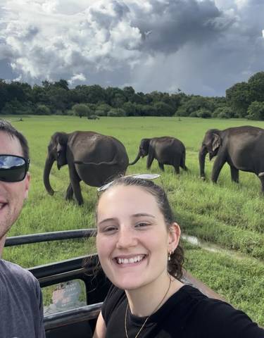 A couple smiling with a herd of elephants in a grassy field.