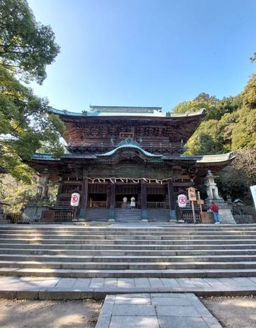 Traditional Japanese temple with people at the entrance.
