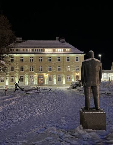 A night scene of a statue with a snowy city backdrop.