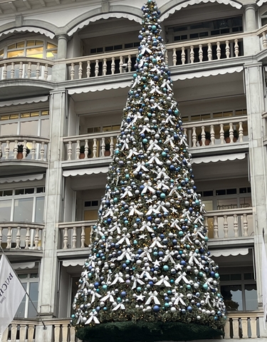 Tall Christmas tree with decorative ornaments in front of buildings.