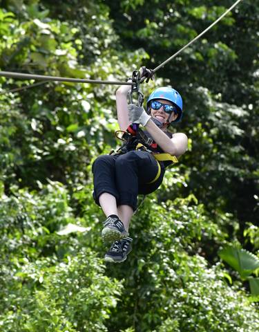 Person zip lining through a lush forest canopy.