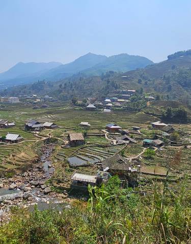 Terraced rice fields in a valley surrounded by hills.