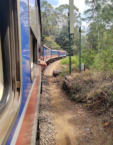 Train moving on tracks through a lush landscape.