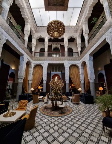 Luxurious hotel interior with traditional decor.