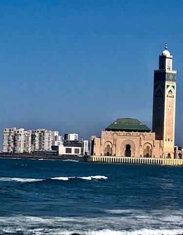 View of Hassan II Mosque by the sea.