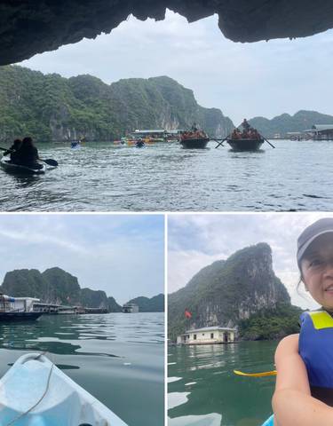 Scenic views of Halong Bay with people kayaking.