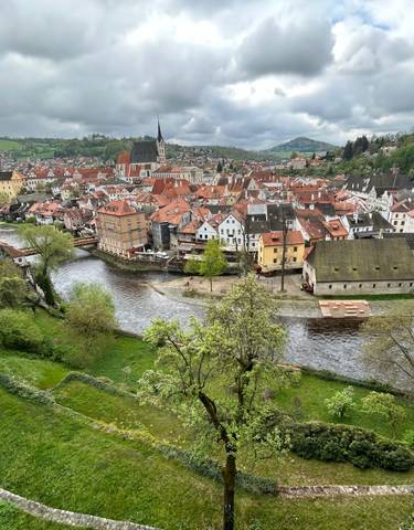 Panoramic view of a scenic town with a river running through it.