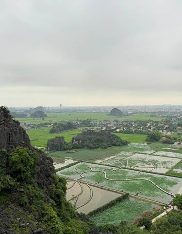 Panoramic landscape view with a pagoda on a mountain.
