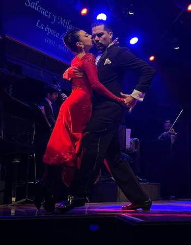 Tango dancers in an elegant pose during a performance