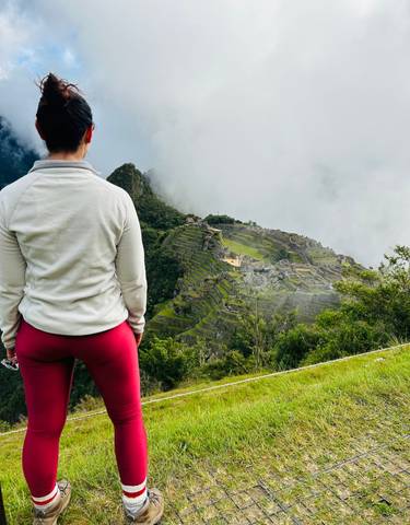 Person overlooking the terraces of Machu Picchu.